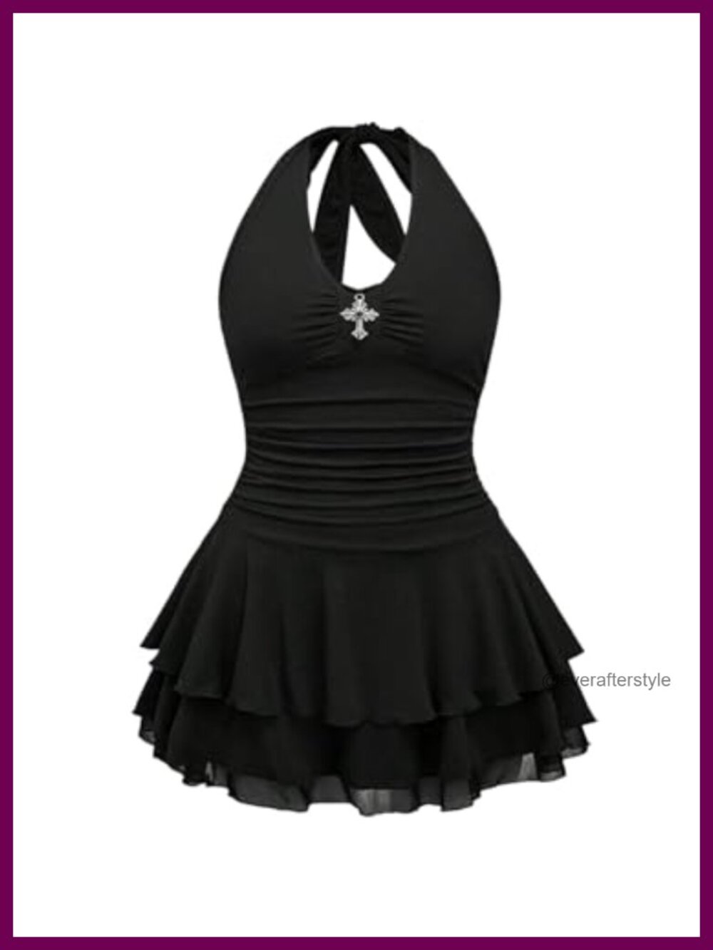 Gothic Halter Mini Dress Y2K Grunge Punk Cross Print A-Line Layered
